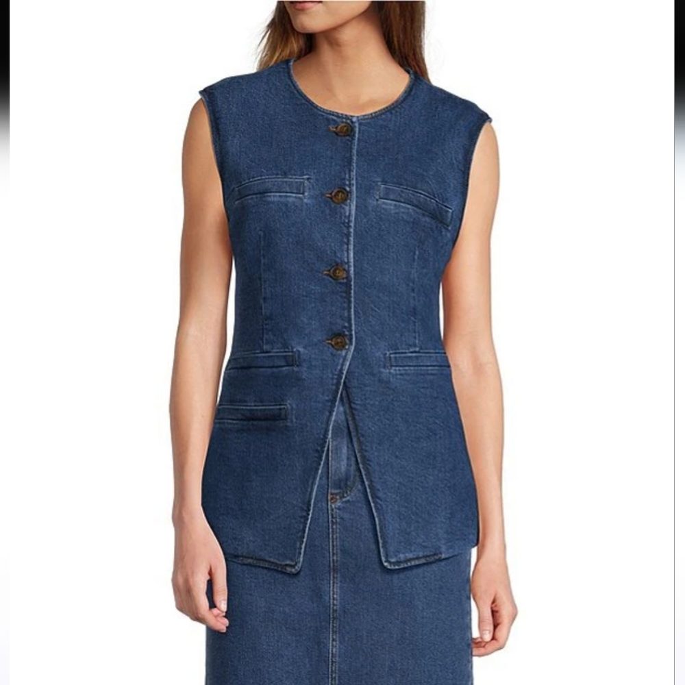 Antonio Melani Elodie Denim Crew Neck Sleeveless Button Front Long Line Vest